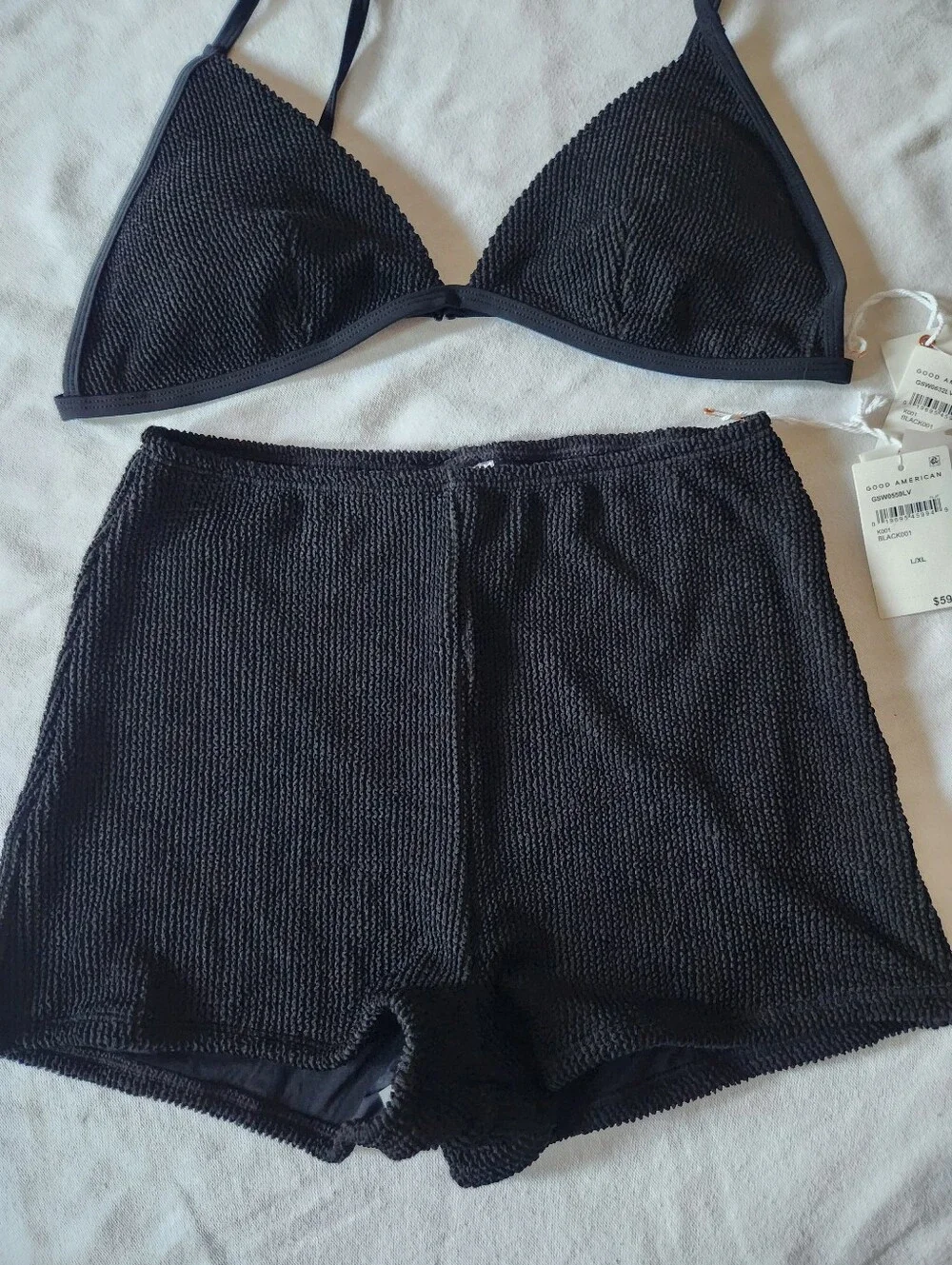 Good American Black Textured Bikini Top Swim Shorts Set XL L/XL NWT